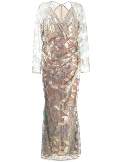 Talbot Runhof V-neck Floor-length Dress In Silver