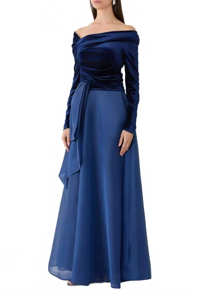 Talbot Runhof Velvet Bodice Evening Gown In Dark Blue