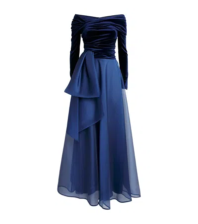 Talbot Runhof Velvet Off-the-shoulder Maxi Dress In Blue
