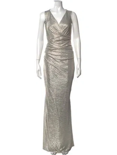 Pre-owned Talbot Runhof V-neck Long Dress In Metallic/neutrals