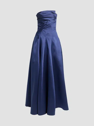 Talbot Runhof Strapless Zigzag Draped Mikado Silk Ball Gown In Blue