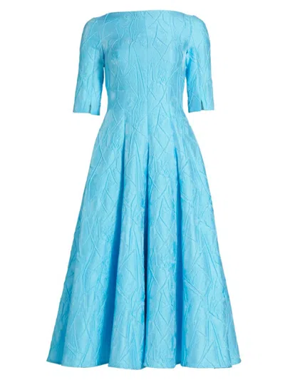 Talbot Runhof High-neck Elbow-sleeve Mikado Jacquard Midi Dress In Turquoise