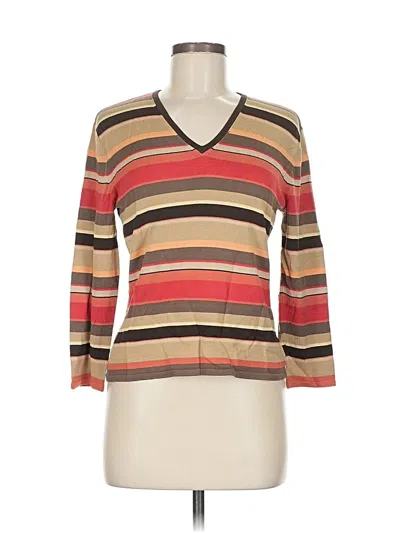 Pre-owned Talbots 3/4 Sleeve Top Brown Stripes Pattern V Neck Tops