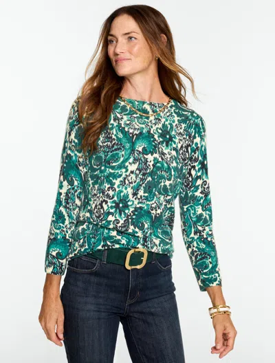 Talbots Audrey Cashmere Sweater - Devine Damask - Ivory/emerald Marine - Xs  In Ivory,emerald Marine