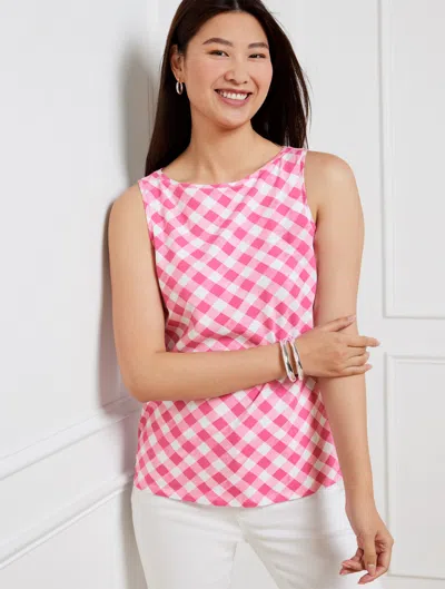 Talbots Petite - Bateau Neck Sleeveless Tank Top - Gingham - White/aurora Pink - Medium  In White,aurora Pink