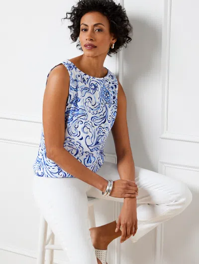 Talbots Petite - Bateau Neck Tank Top - Painted Paisley - White/blueberry Hill - Xl  In White,blueberry Hill