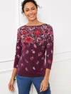 Talbots Bateau Neck T-shirt - Majestic Blooms - Rich Burgundy - 1x  In Rich Burgundy