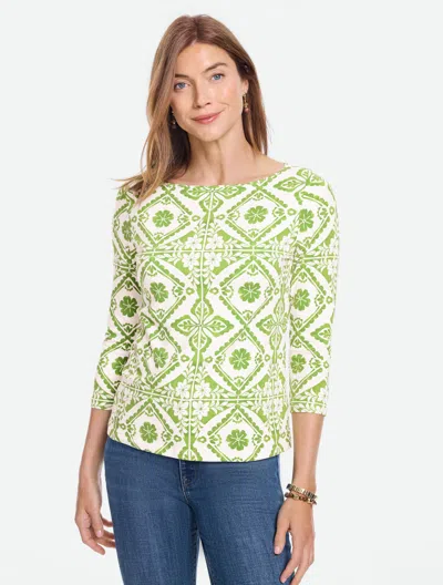 Talbots Bateau Neck T-shirt - Diamond Bloom - Pearl White/peridot Green - Xs