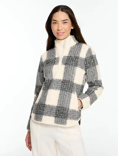 Talbots Brushed Knit Half-zip Pullover Sweater - Poised Plaid - Ivory/grey - Xs  In Gray