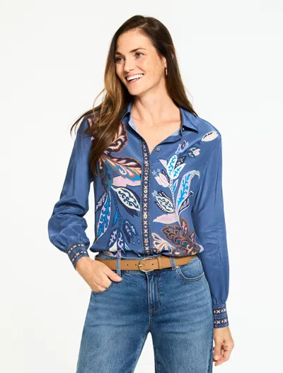 Talbots Button Front Soft Shirt - Intricate Jacobean - Navy Blue Dusk - Medium