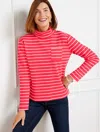Talbots Plus Petite - Button Mockneck Pullover Sweater - Marin Stripe - Pink Passion/ivory - 1x  In Pink Passion,ivory