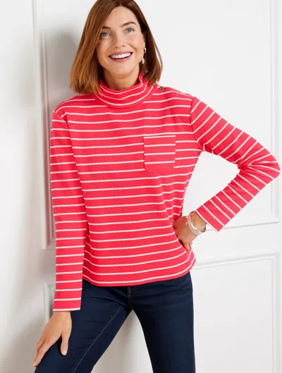 Talbots Plus Petite - Button Mockneck Pullover Sweater - Marin Stripe - Pink Passion/ivory - 1x  In Pink Passion,ivory