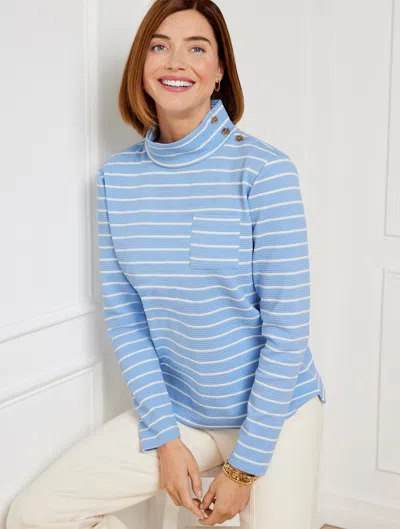 Talbots Plus Petite - Button Mockneck Pullover Sweater - Marin Stripe - Vista Blue/ivory - 3x  In Vista Blue,ivory