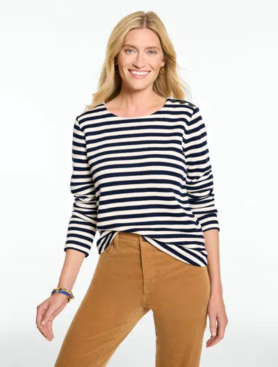Talbots Button Shoulder Crewneck T-shirt - Stripe - Ivory/indigo - Xs  In Ivory,indigo