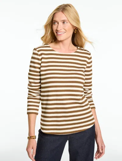 Talbots Button Shoulder Crewneck T-shirt - Stripe - Tobacco/ivory - Xs  In Tobacco,ivory