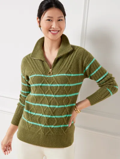 Talbots Plus Petite - Cable Knit Half-zip Sweater - Stripe - Burnt Olve/soft Jade - 2x  In Burnt Olve,soft Jade