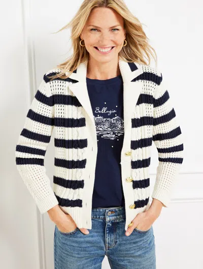 Talbots Cable Knit Sweater Jacket - Stripe - Ivory/indigo - 3x - 100% Cotton  In Ivory,indigo