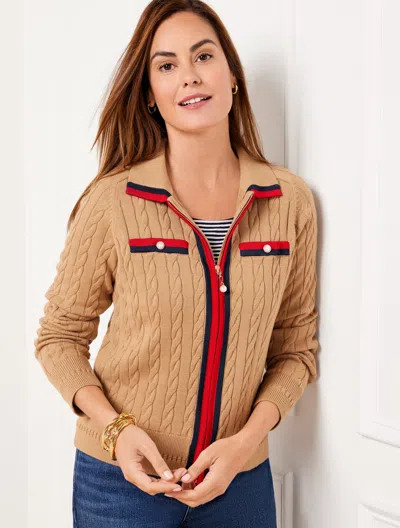 Talbots Cable Knit Sweater - Tipped - Toasted Coconut/indigo - 3x  In Toasted Coconut,indigo