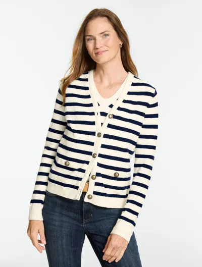 Talbots Cable Knit V-neck Cardigan Sweater - Ivory/indigo Blue - Xs  In Ivory,indigo Blue