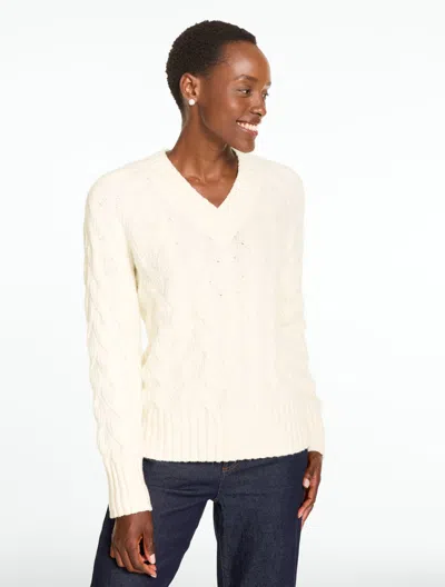 Talbots Cable Knit V-neck Sweater - Ivory - Xs  In Neutral