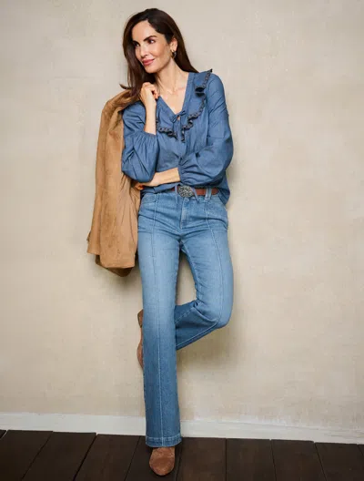 Talbots Chambray Pintuck Top - Medium Blue Wash - Xs - 100% Cotton