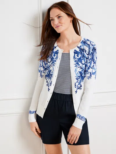 Talbots Petite - Charming Cardigan Sweater - Picnic Paisley - White/blue Iris - Large  In White,blue Iris