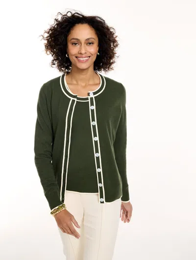 Talbots Charming Cardigan Sweater - Tipped - Dark Olive/ivory - Xs  In Dark Olive,ivory