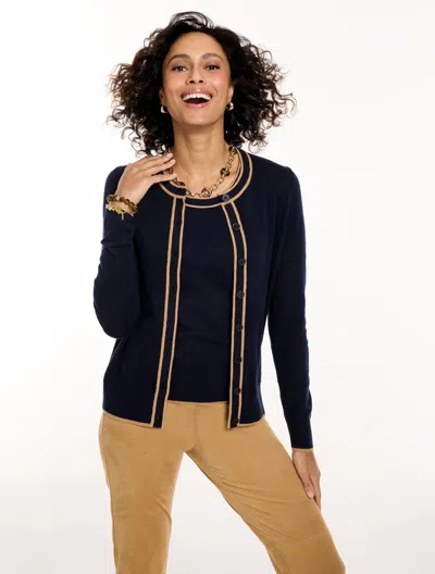 Talbots Charming Cardigan Sweater - Tipped - Indigo Blue/tobacco - Xs  In Indigo Blue,tobacco