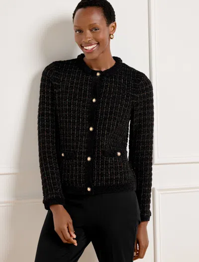 Talbots Chenille Crewneck Cardigan Sweater - Metallic Plaid - Black - 3x