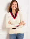 Talbots Petite - Chevron Cable V-neck Sweater - Ivory/indigo - Medium  In Ivory,indigo