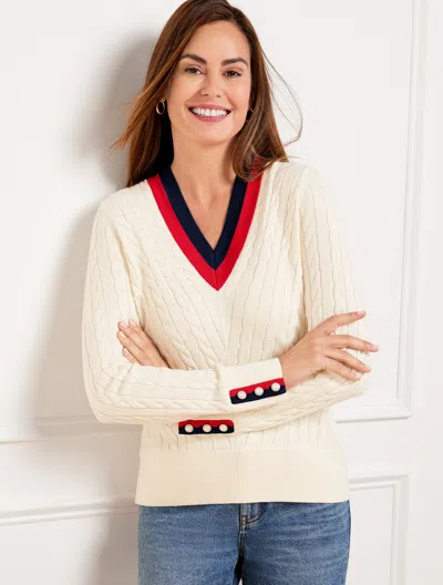 Talbots Petite - Chevron Cable V-neck Sweater - Ivory/indigo - Medium  In Ivory,indigo