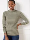 Talbots Petite - Classic Turtleneck Top - Cheer Stripe - Deep Moss/ivory - Small  In Deep Moss,ivory