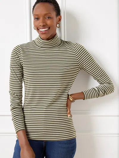 Talbots Petite - Classic Turtleneck Top - Cheer Stripe - Deep Moss/ivory - Small  In Deep Moss,ivory