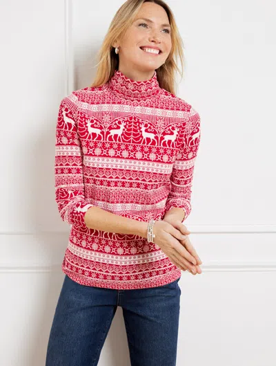 Talbots Misses - Classic Turtleneck Top - Reindeer Fair Isle - Red/ivory - Xs  In Red,ivory