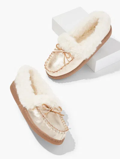 Talbots Cleo Metallic Pebble Leather Faux Fur Moccasins Shoes - Gold - 11m  In White