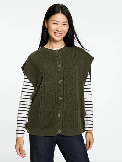 Talbots Cozy Cable Knit Vest - Dark Olive Heather - Xs