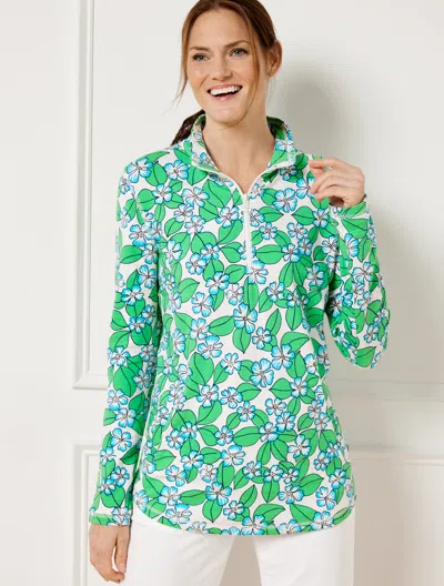Talbots Petite - Cozy Crush Half-zip Pullover Sweater - Floral Fields - White/bright Lime - Small  In White,bright Lime