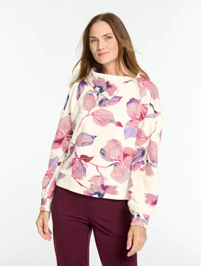 Talbots Cozy Fleece Asymmetrical Zip Pullover Sweater - Brushed Floral - Ivory/pink_ - Xs  In Ivory,pink_