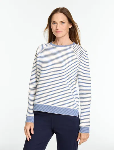Talbots Cozy Fleece Crewneck Sweater Pullover - Bennetway Stripe - Ivory/blue Majesty - Xs  In Ivory,blue Majesty