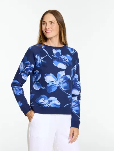 Talbots Cozy Fleece Raglan Pullover Sweater - Brushed Floral - Ink - Xs