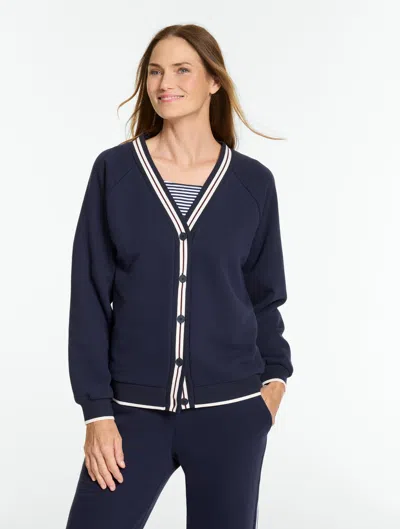 Talbots Cozy Fleece Varsity Cardigan Sweater - Blue - Xs