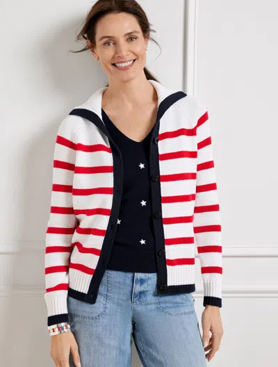 Talbots Plus Size - Sailor Collar Cardigan Sweater - Americana Stripe - White - X - 100% Cotton