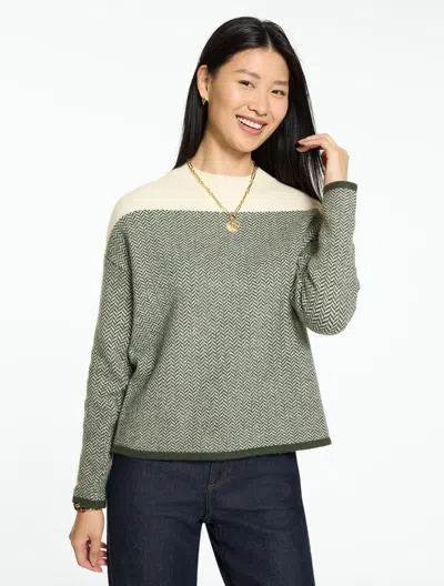 Talbots Crewneck Sweater - Cherry Houndstooth - Vanilla Custard/dk Olive - Xs  In Green
