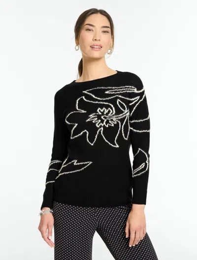 Talbots Crewneck Sweater - Floral - Black/ivory - Xs  In Black,ivory