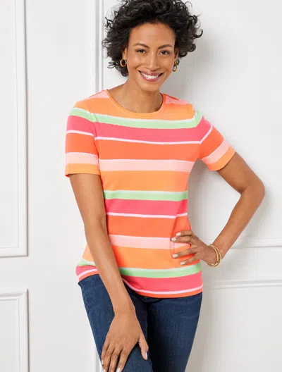 Talbots Plus Size - Crewneck T-shirt - Crystal Bay Stripe - Papaya - 1x - 100% Cotton