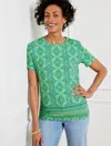 TALBOTS CREWNECK T-SHIRT - OVAL MEDALLION - LIME/POOL BLUE - 1X TALBOTS