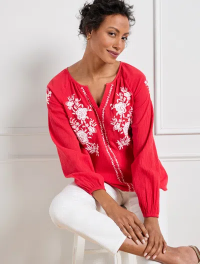 Talbots Crinkle Gauze Embroidered Popover Shirt - Bright Apple - 2x - 100% Cotton