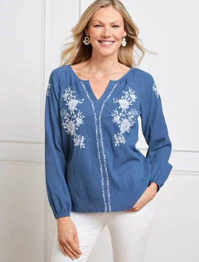 Talbots Crinkle Gauze Embroidered Popover Shirt - Dutch Blue - 2x - 100% Cotton