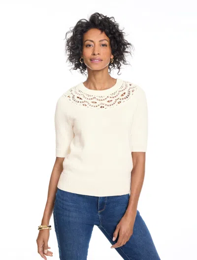 Talbots Crochet Yoke Sweater - Ivory - Xs - 100% Cotton