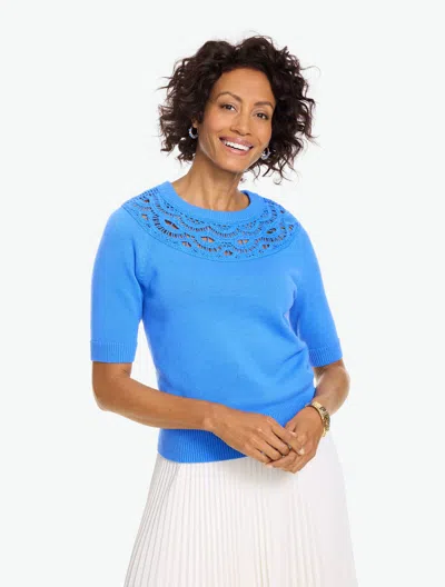 Talbots Crochet Yoke Sweater - Wildflower Blue - Xs - 100% Cotton